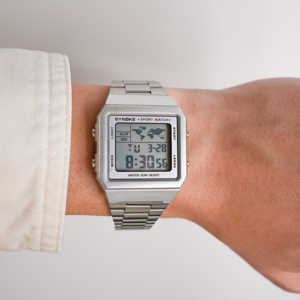 Silver Digital Map Retro Watch